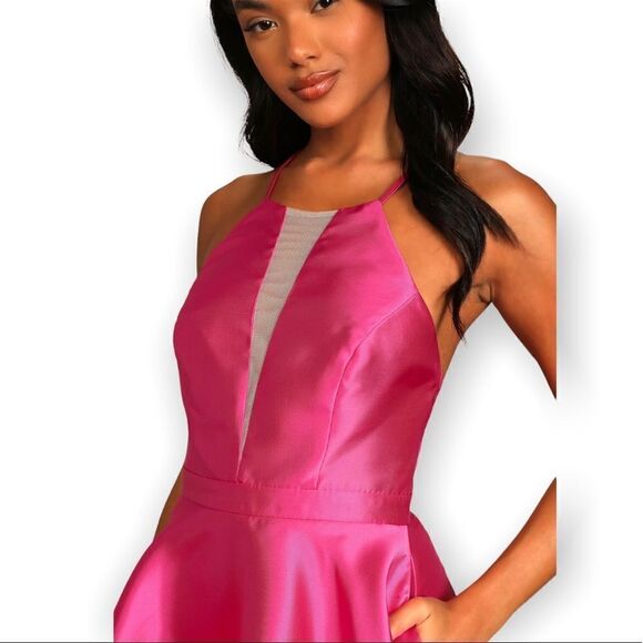 NWT Hot Pink Satin Plunge Skater Dress With Pockets - Picture 4 of 6